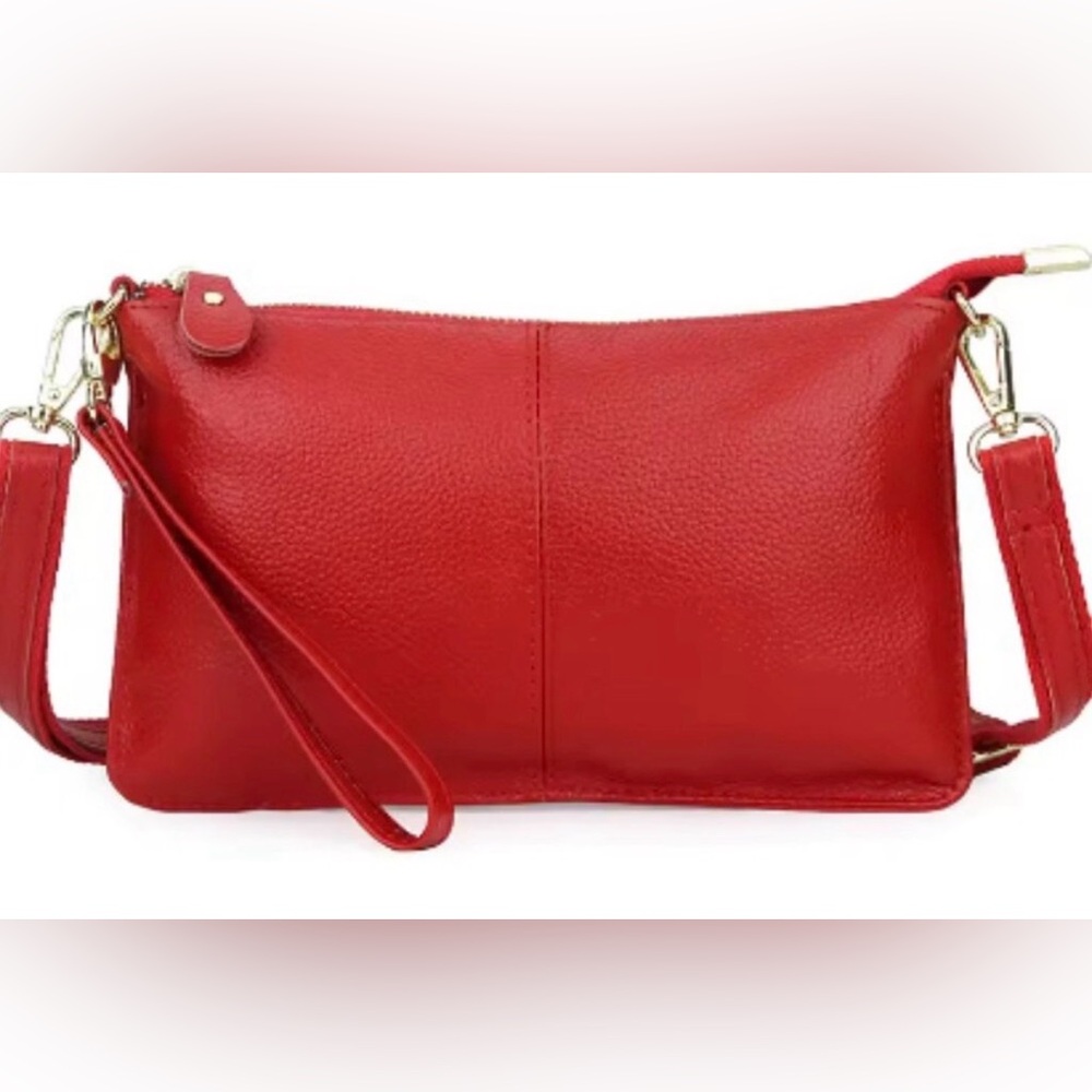 Red Leather Crossbody Wristlet Clutch Shoulder Bag Handbag Purse. 2 Stra…